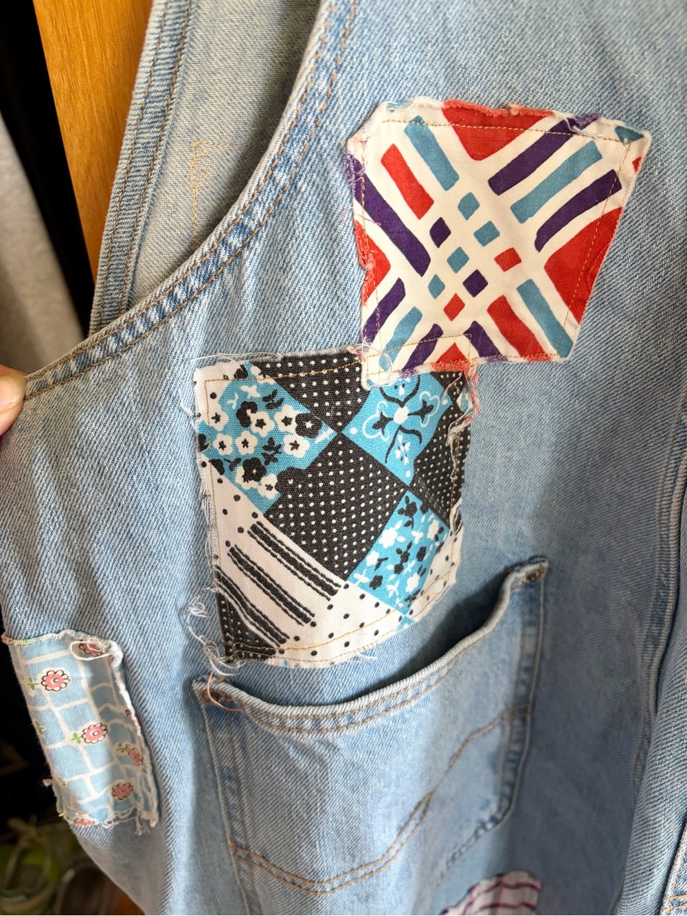 Adorable Old Navy Light Blue Denim Colorful Patchwork Overalls - Picture 8 of 13